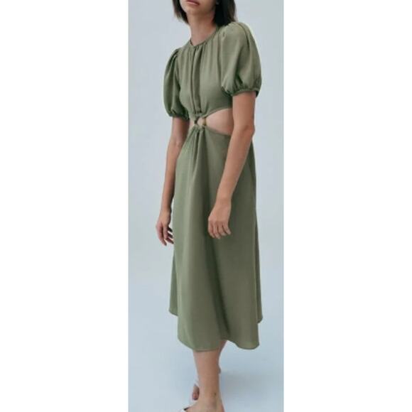 Zara Short Puff Sleeve Round Neck Cut Out A-Line Midi Dress Green Small - Picture 1 of 10